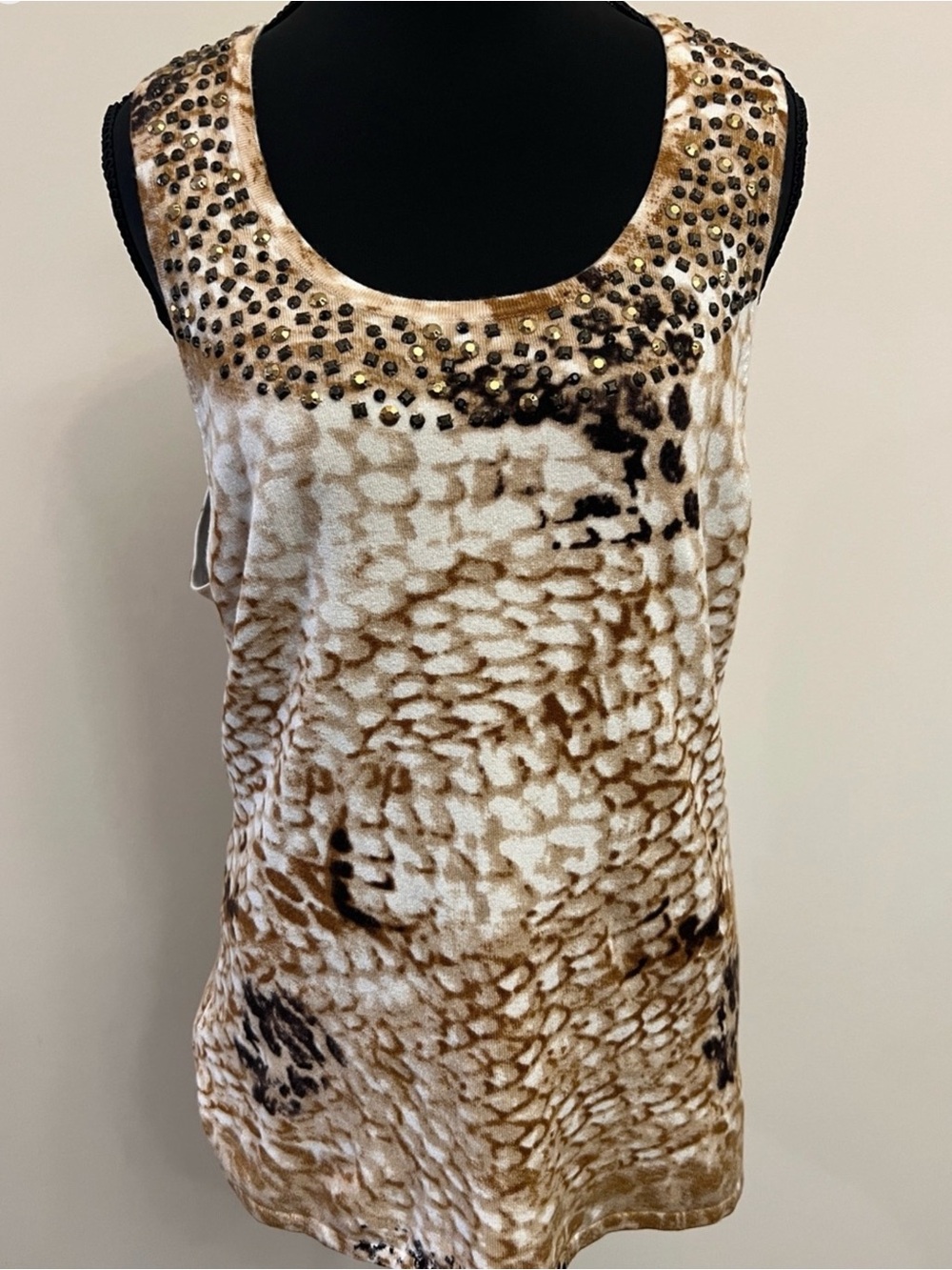 Cache Brown and Cream Embellished Animal-Print Tank